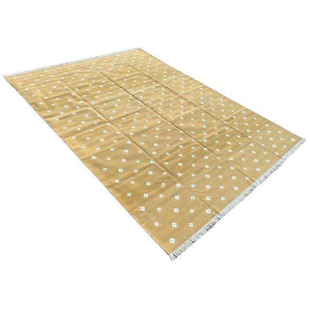 Mid-Century Modern Handmade Cotton Area Rug Natural Vegetable Dyed Mustard and White Diamond Dhurrie-8'x10' For Sale - Image 3 of 10