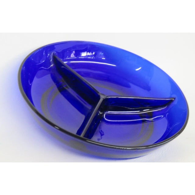 Cobalt Blue Glass Relish Dish Round 3 Compartment Sectioned Serving Bowl 4907b For Sale - Image 4 of 12