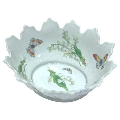 Antique Limoges porcelain bowl hand-decorated with lily-of-the-valley and various butterflies. Scalloped top edge. Marked...