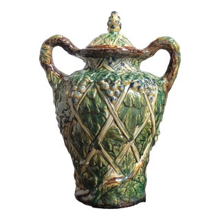 Mid-20th Century Lidded Ceramic Urn With Majolica Grapevine Motif For Sale