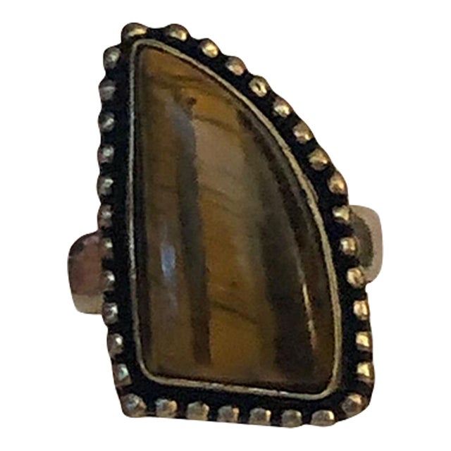 Mid 20th Century Triangular Tiger's Eye Beaded Sterling Ring Size 8 For Sale