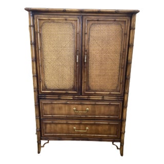 Vintage Dixie Furniture Fruitwood and Rattan Armoire For Sale
