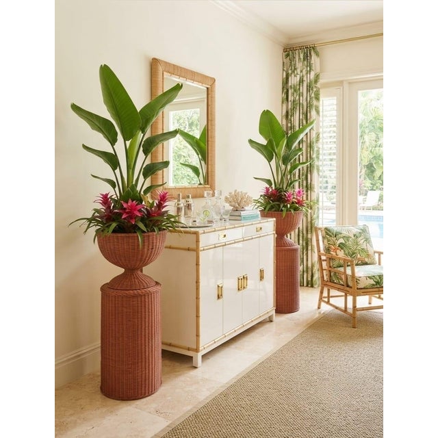 Pair of Vintage Woven Wicker Urn Planters on Cylindrical Pedestals For Sale - Image 9 of 12