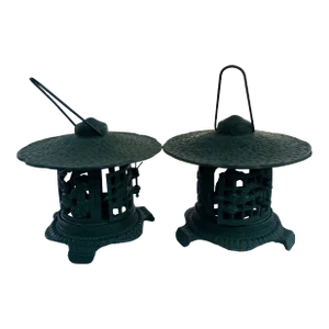 Vintage Cast Iron Pagoda Garden Lanterns - Set of 2