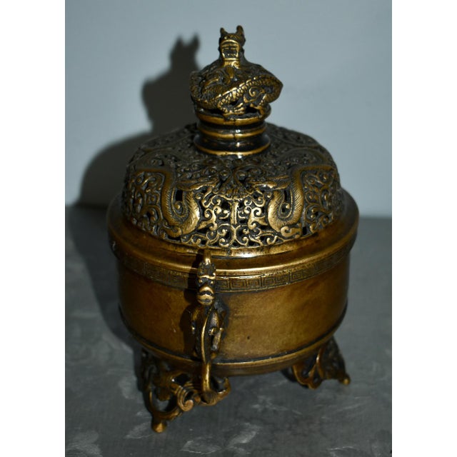 Antique Signed Bronze Two Piece Incense Burner W/Dragon Motif For Sale - Image 9 of 13