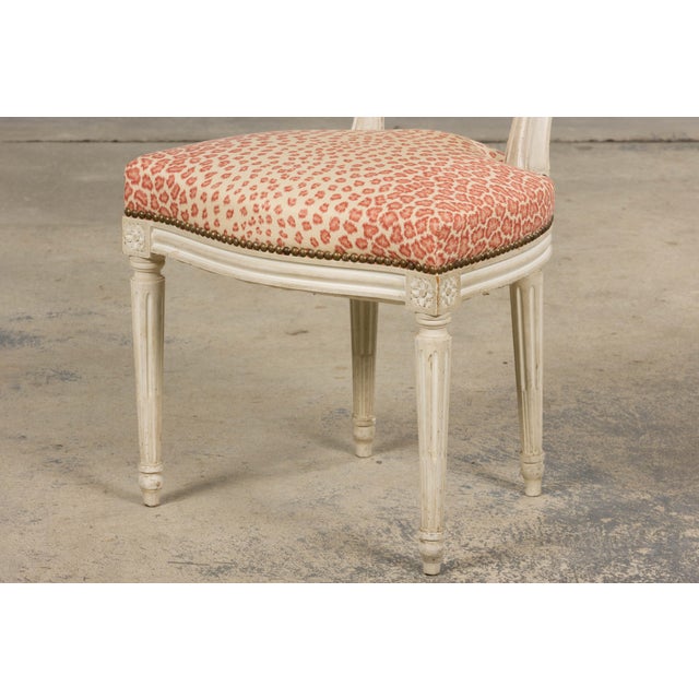 Antique French Louis XVI Style Painted Dining Chairs W/ Leopard Jacquard - Set of 6 For Sale - Image 13 of 18