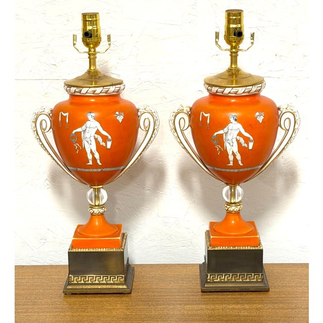 Pair of English Neoclassical Orange Ground Ironstone Urns Mounted as Lamps Attributed to Ashworth Bros., Hanley,...