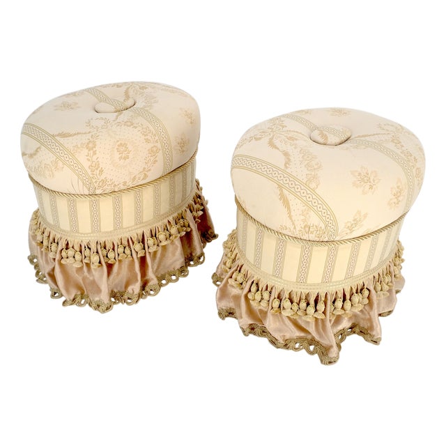 Pair Decorative Upholstery w/ Tassels Oval Benches Ottomans Foot Stools MINT For Sale