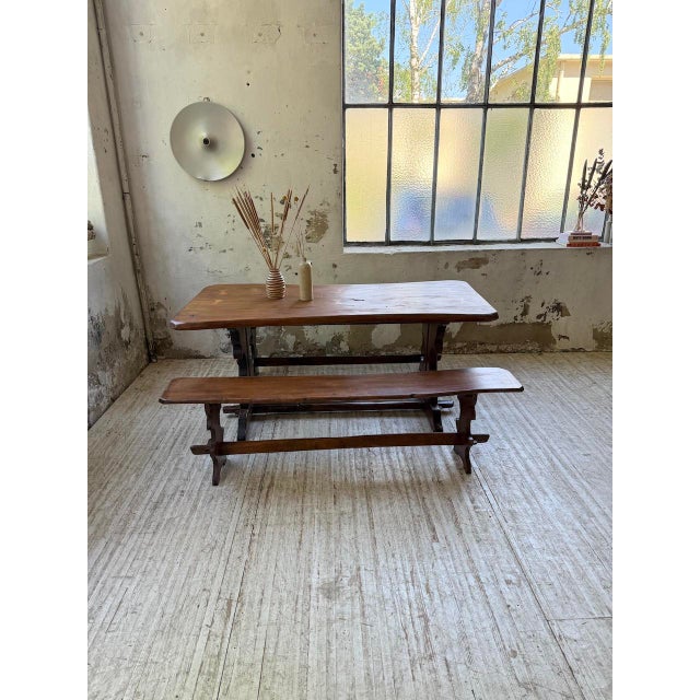 Brown Walnut Table Set and Benches, 1890s, Set of 3 For Sale - Image 8 of 18
