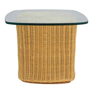 Modern Coastal or Island Style Side Table Rattan Wicker With Thick Glass Top For Sale