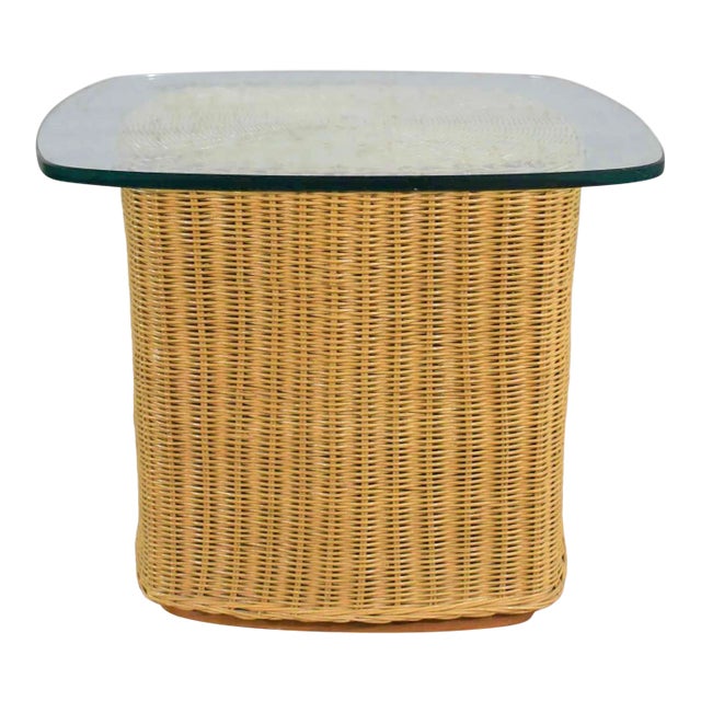 Modern Coastal or Island Style Side Table Rattan Wicker With Thick Glass Top For Sale