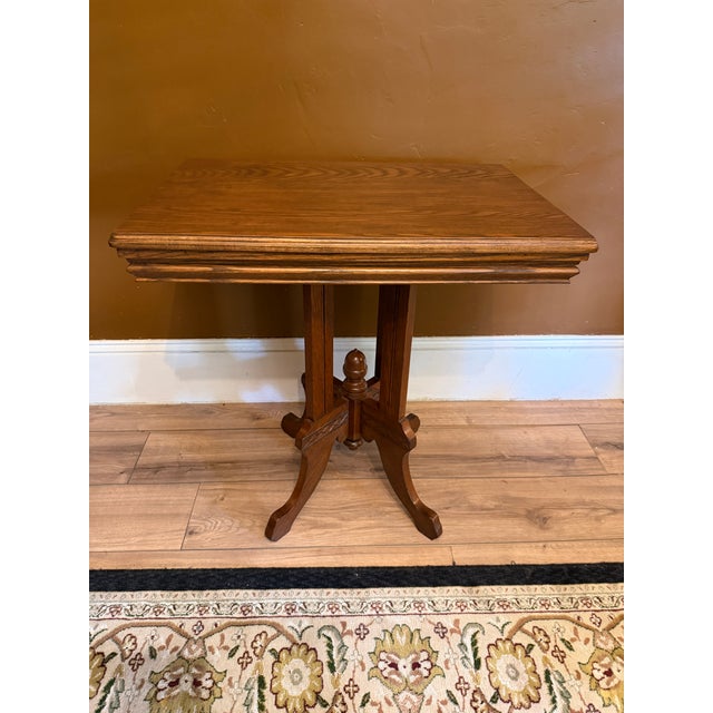 Late 19th Century Antique Eastlake Victorian Oak Parlor Side Table With Carved Pedestal Base and Acorn Finial For Sale - Image 5 of 15