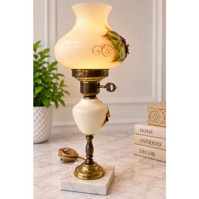 Vintage Victorian Hurricane Opaque 3d Table Lamp - "Gone With the Wind" Featuring Raised, Hand-Painted Floral Motifs on Milk Glass a Marble Base For Sale - Image 4 of 10