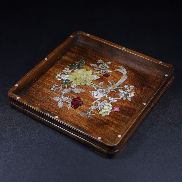 Square Wooden Tray With Mother-of-Pearl Bird and Rose Inlay For Sale In Los Angeles - Image 6 of 10