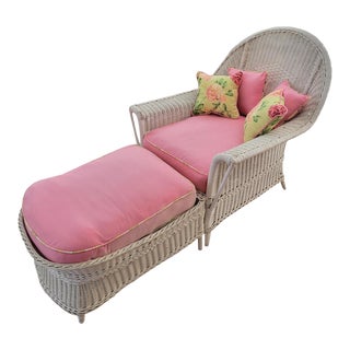 Vintage Two Piece White Wicker Chaise Lounge Chair Ottoman - 2 Pieces For Sale