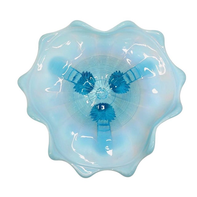 Vintage Northwood Glass Bowl Klondyke Blue Opalescent 3 Footed Scroll Candy Dish For Sale - Image 4 of 6