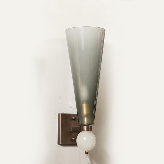 Metal Modernist Hand-Blown Smoked Gray Murano Glass Conical Sconces With Orbital Drop For Sale - Image 7 of 15