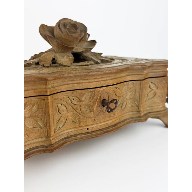 Antique Black Forest Carved Wood Jewelry Box with Rose, 1890s For Sale - Image 12 of 14