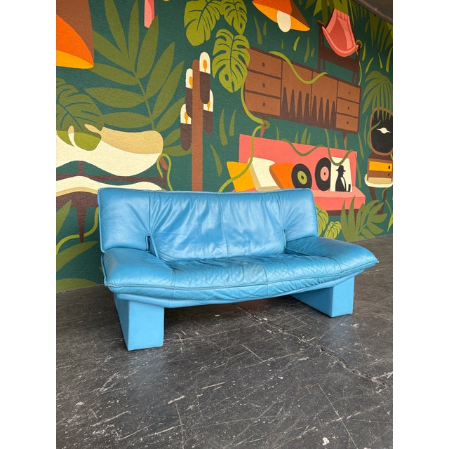 Postmodern Vintage Postmodern Italian Nicoletti Attrb Blue Leather Loveseat For Sale - Image 3 of 12