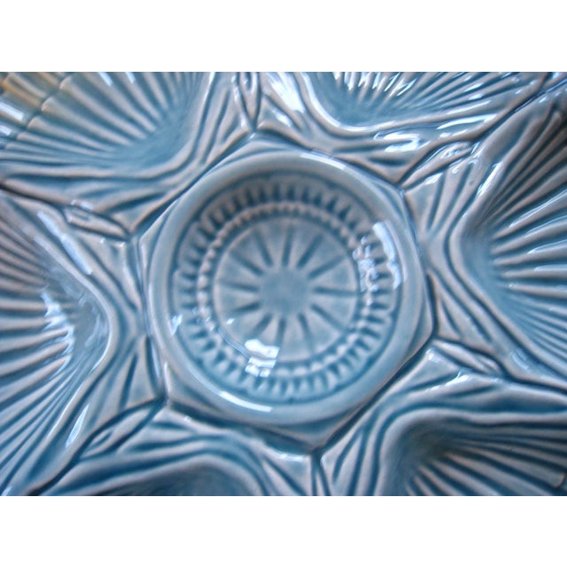 Mid-Century Modern Vintage Portugal Majolica Blue Pottery Olfaire Oyster Platter For Sale - Image 3 of 4