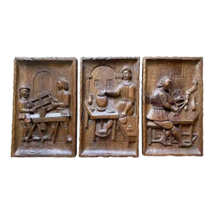 Set of 3 Vintage Hand Carved Bas Relief Panel Solid Wood Wall Plaques- Ceramic, Glass & Wood Artisans at Work