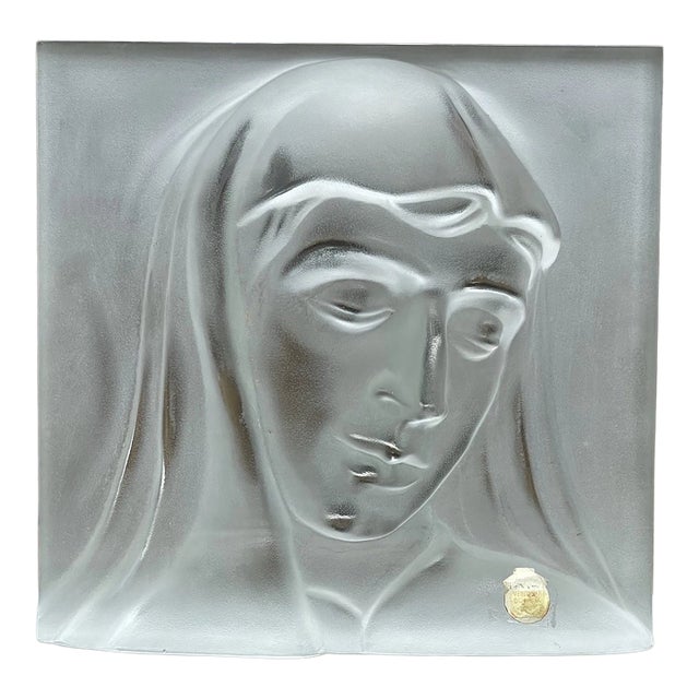 Deco - Mid Century Vintage Frosted Art Glass Madonna Statuette Crystal Plaque For Sale