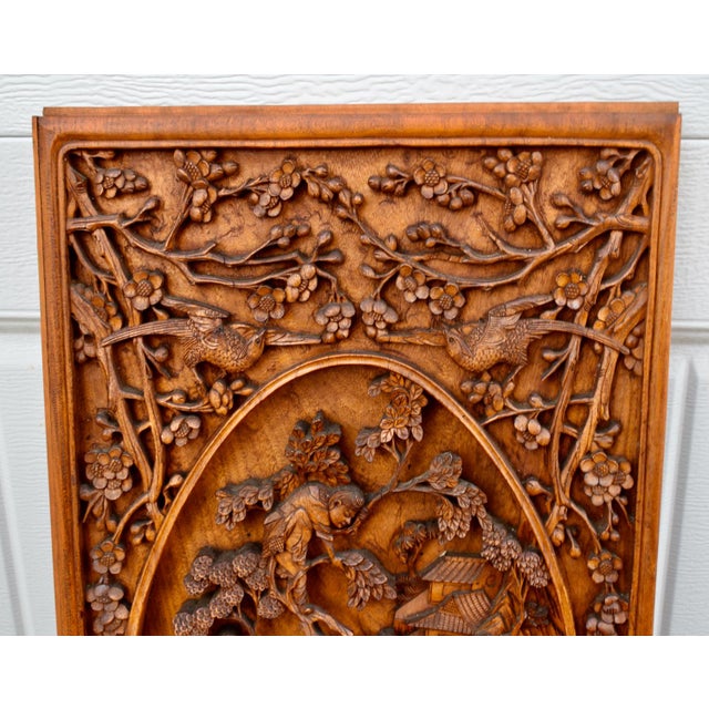 Vintage Wood Wall Plaque Chinese Hand Carved Panel High Relief Figural Asian 3d For Sale - Image 12 of 16