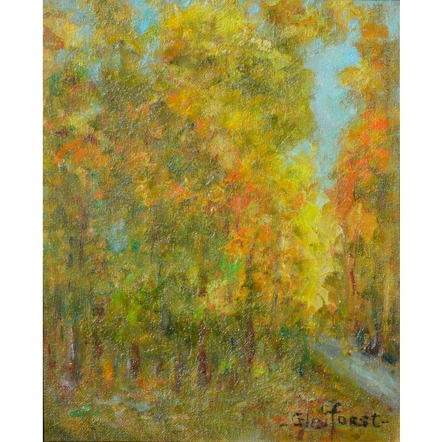 Autumn Trees - Mid Century Small-Scale Landscape, Signed Oil Painting Vivid mid century landscape of autumn trees blurring...
