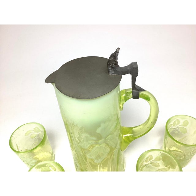 Early 20th Century Rare Northwood Opalescent Daffodil Uranium Glass Pitcher & Six Glasses Water Lemonade Set For Sale - Image 10 of 10