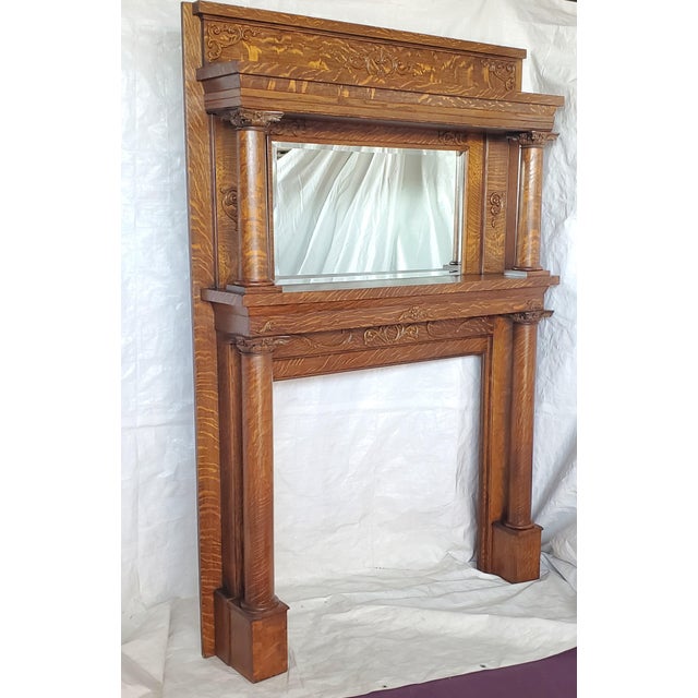 Antique 1890s Victorian American Tiger Oak Fireplace Mantel With Columns u0026  Mirror | Chairish