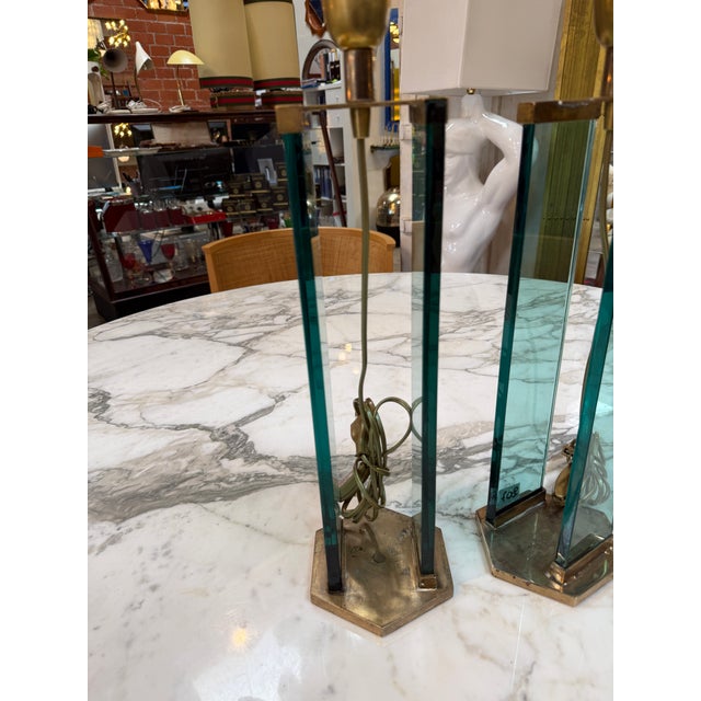 Metal 1970s Fontana Arte Style Brass and Blue Glass Table Lamps - a Pair For Sale - Image 7 of 12