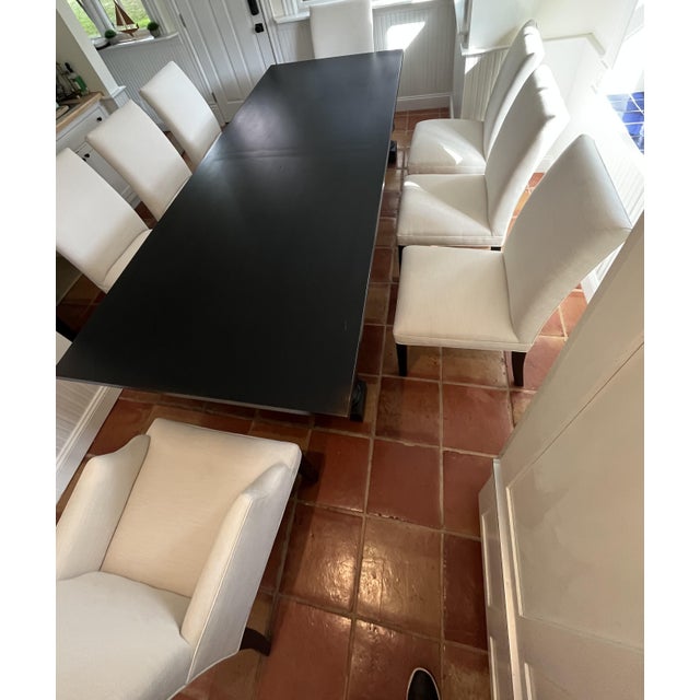 Handcrafted solid wood Restoration Hardware 108”L dining room table in antiqued black with 8 Restoration Hardware Hudson...