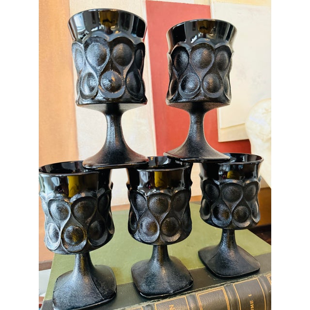 Glass Vintage Noritake Spotlight Ebony Glass Goblets Set of Five 1970s Black Pedestal Barware For Sale - Image 7 of 11