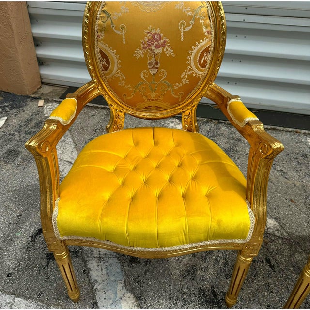 French Style Yellow Velvet Chairs With Gold Details- Set of 2 For Sale In Miami - Image 6 of 9