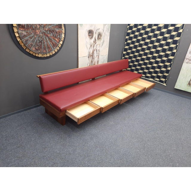 Mid-Century Modern Walnut and Leather Bench with Drawers, 1950s For Sale - Image 6 of 13