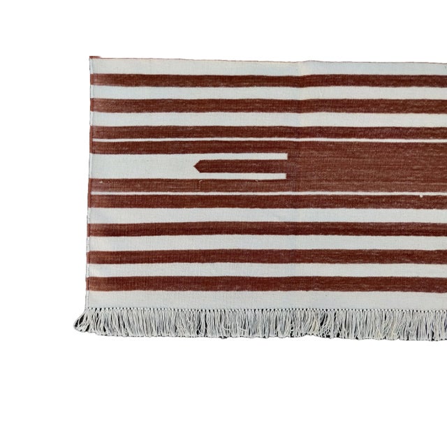 Handmade Cotton Natural Vegetable Dyed Flat Weave Reversible Tan and White Striped Rug - 6'x9' For Sale - Image 10 of 11