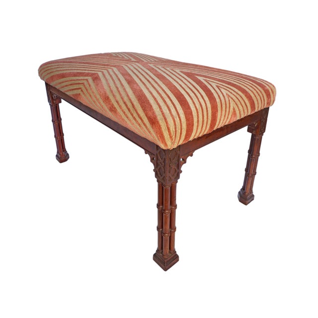 Mid 20th Century Chinese Chippendale Style Stool Faux Bamboo Legs Velvet Chevron Upholstery Bench For Sale - Image 4 of 7