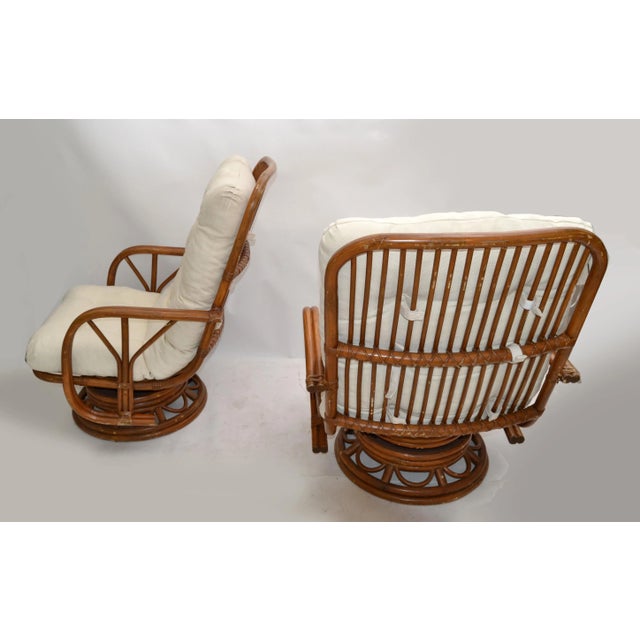 Brown Vintage Bamboo & Wicker High Back Lounge Chair Beige Linen Upholstery - Pair For Sale - Image 8 of 13