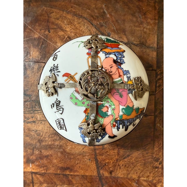 Antique Chinese Porcelain Erotic Trinket Box With Dragon Metal Mount For Sale - Image 4 of 11
