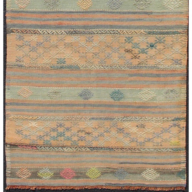 Turkish Vintage Turkish Kilim Runner With Geometric Shapes and Colorful Stripes For Sale - Image 3 of 11