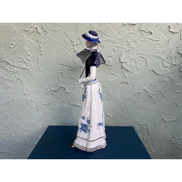 Ceramic Vintage KPM-Style Blue/White Porcelain Lady Figurine With Parasol – 13” For Sale - Image 7 of 8