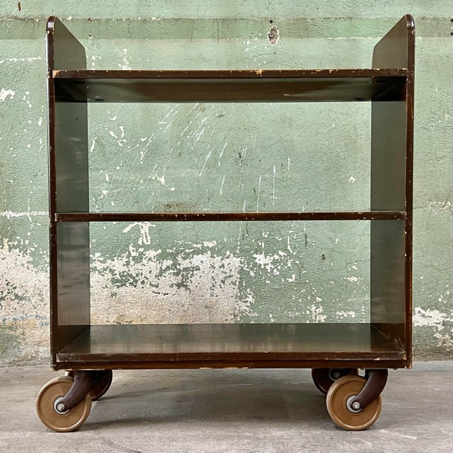 Vintage Gaylord Bros Inc Rolling Wood Library Book Cart Bookcase For Sale - Image 4 of 12