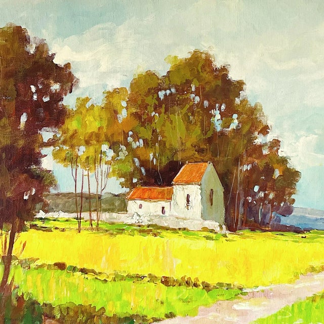 Farmhouse Vintage Large Impressionist American Landscape Depicting Farmhouse and Trees in Frame For Sale - Image 3 of 10