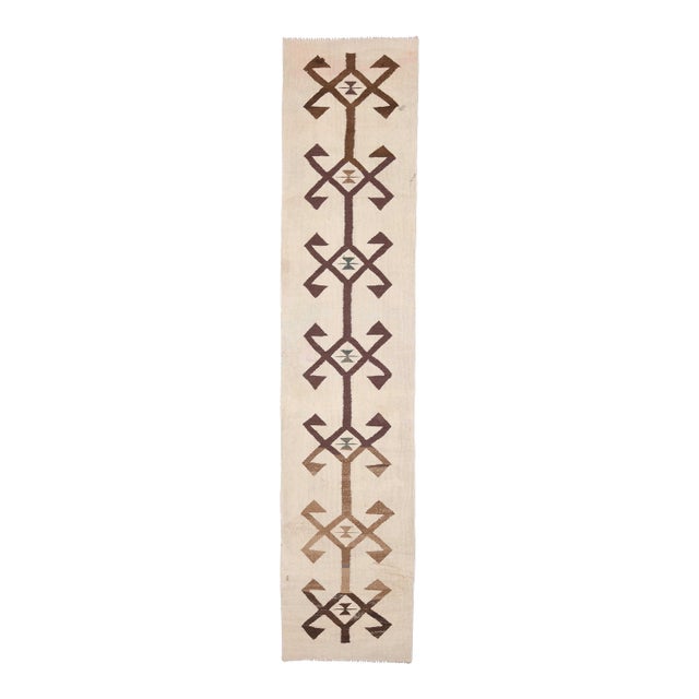 1970s Vintage Turkish Handmade Wool Cotton Beige Runner Rug For Sale