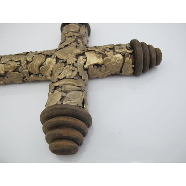 Mexican Folk Art Milagros Turned Wood Cross Nailed Brass Charms Wall Hanging For Sale - Image 9 of 11