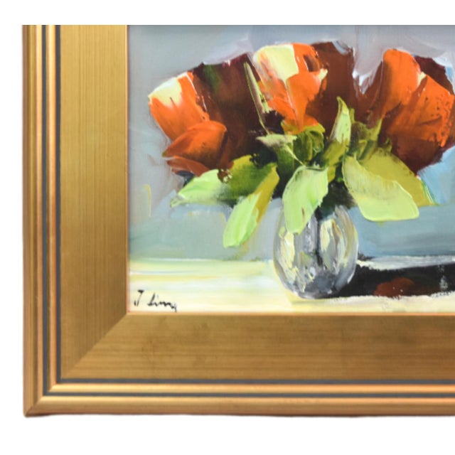 Impressionist abstract bouquet of colorful flowers in a vase oil painting on stretched artist canvas. The talented artist...