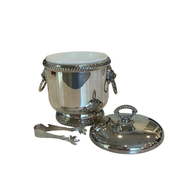 Vintage the Sheffield Silver Co. Silver-Plated Ice Bucket With Lion Head Handles, Milk Glass Liner & Ornate Ice Tongs | Hollywood Regency Barware For Sale - Image 14 of 15