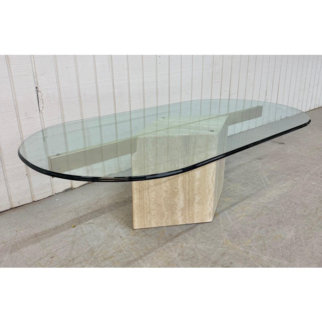 This listing is for a Post Modern Travertine Glass Top Coffee Table. Featuring a post modern design, diamond shaped...