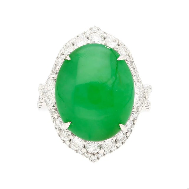 Baroque Gia Certified 14.68 Carat Grade a Jadeite Jade Ring With Diamond in 18k Gold Size 6 For Sale - Image 3 of 12