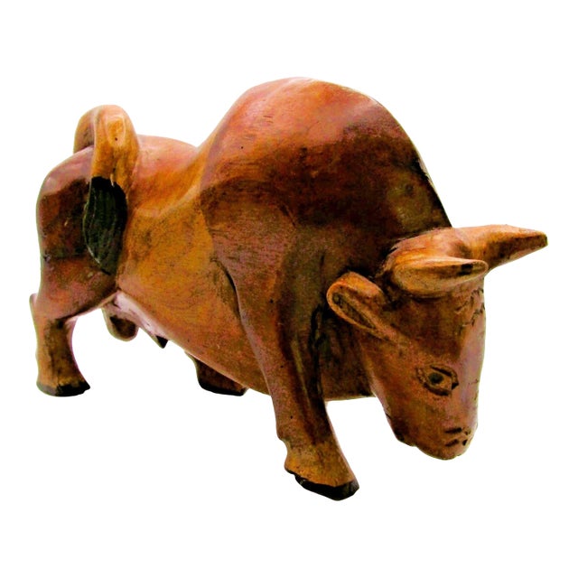 Large Vintage Mid-Century Modern Hand Carved Wood Bull Sculpture For Sale